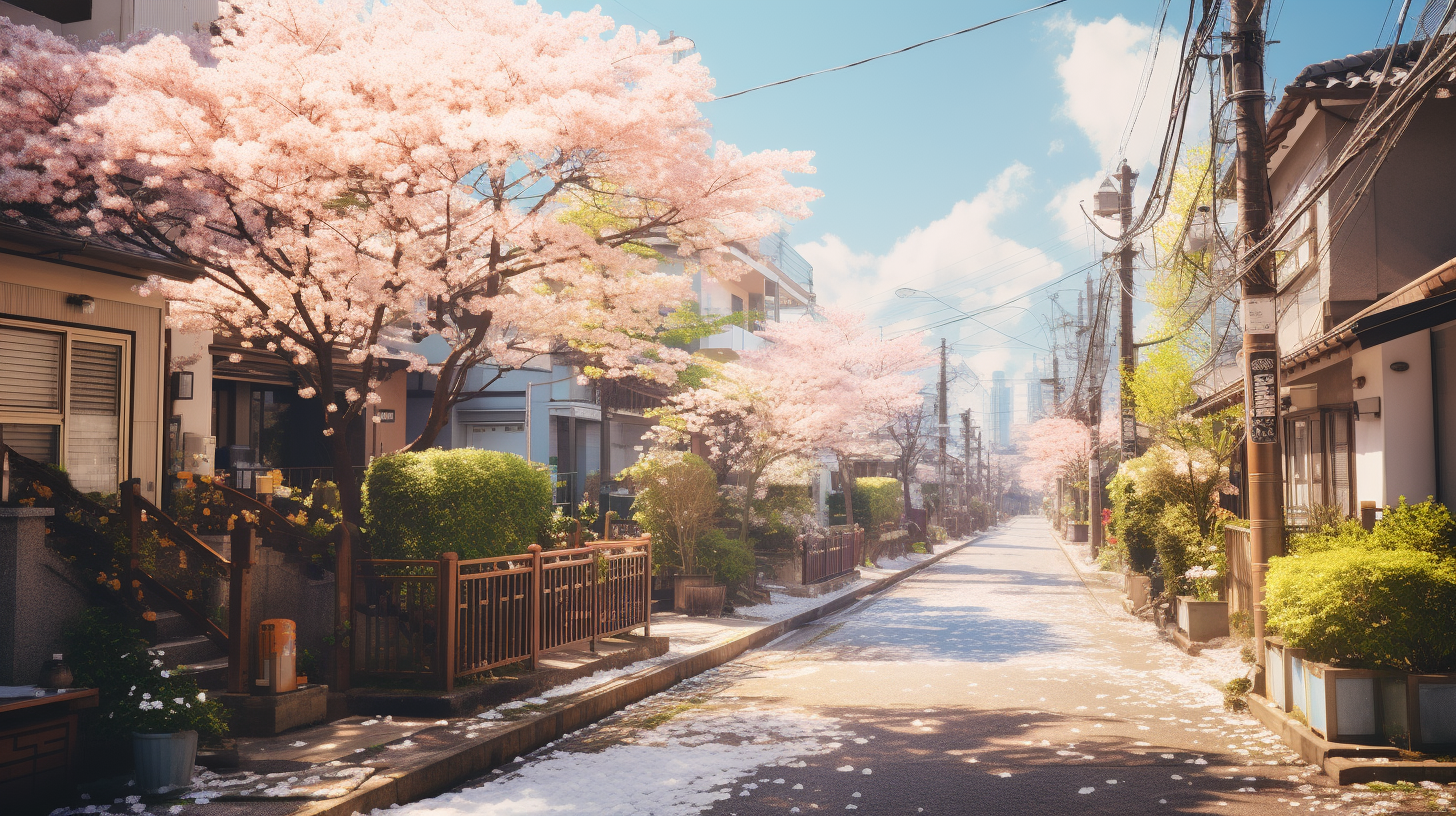 Vibrant cherry blossom trees lining Tokyo street