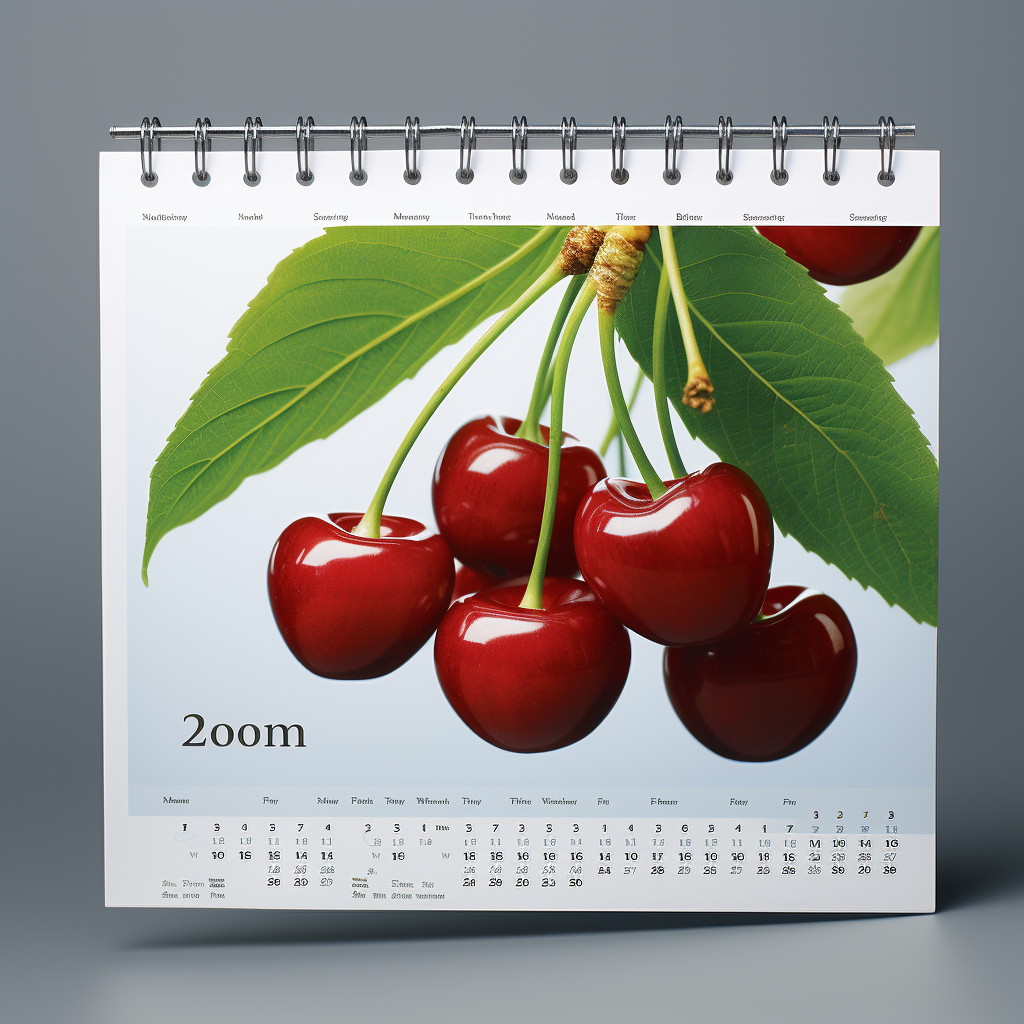 Hyper-realistic cherries in wall calendar