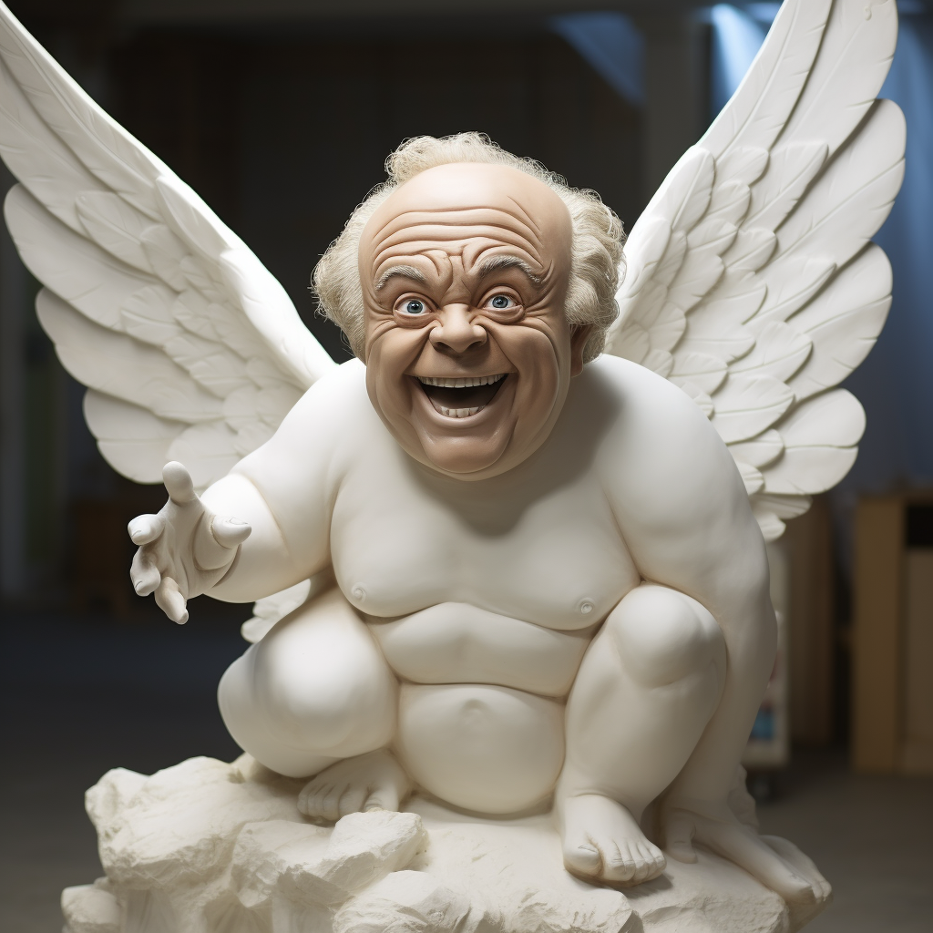 White cherub statue with Danny Devito's face