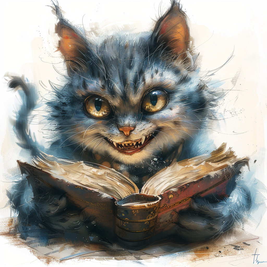 Smiling Cheshire Cat Reading Book