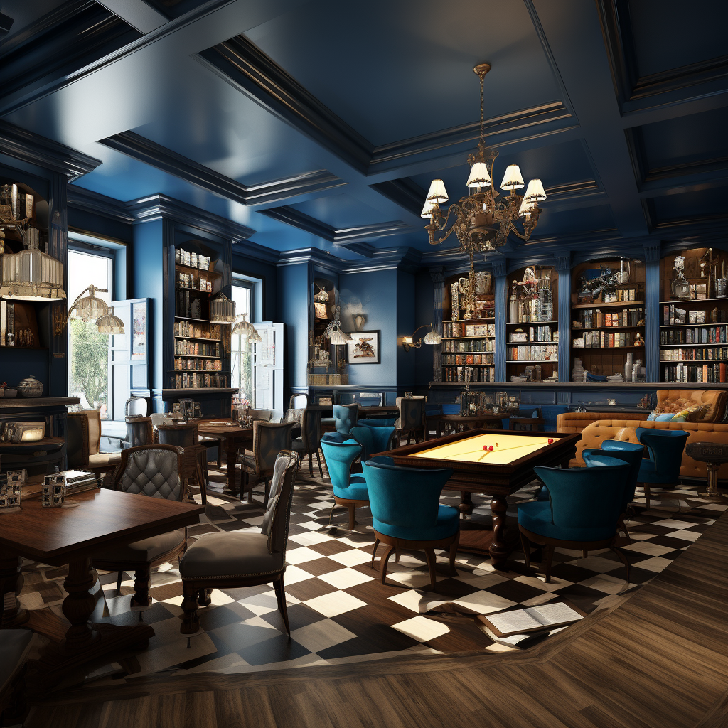 Chess Bar Coffee Shop with Library and Architectural Rendering