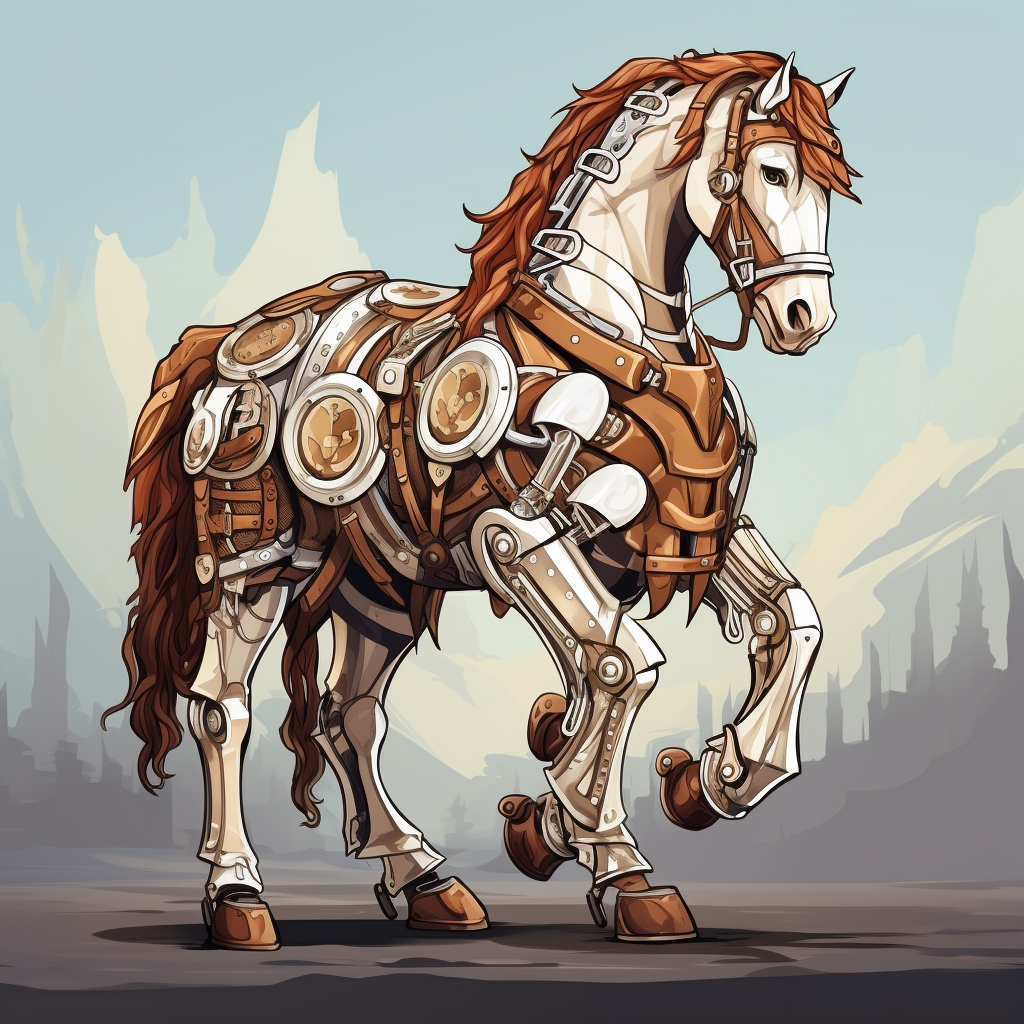 Cartoon-style chestnut war horse with white markings