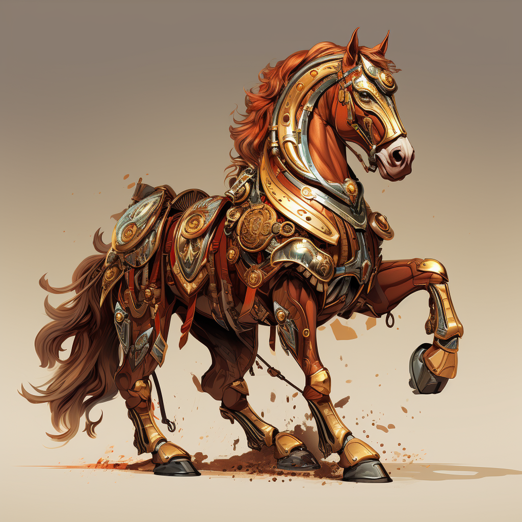 Chestnut war horse with armor