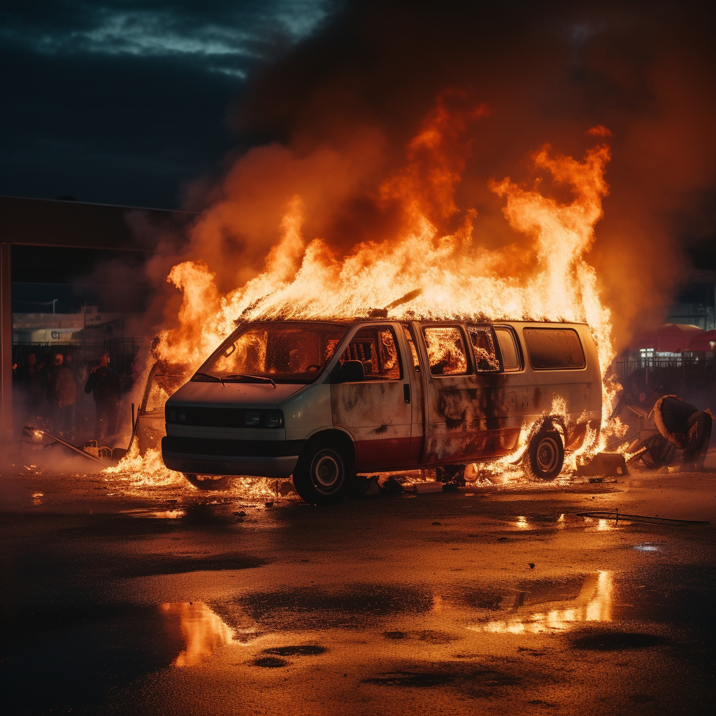 Burning Chevy Van in Parking Lot