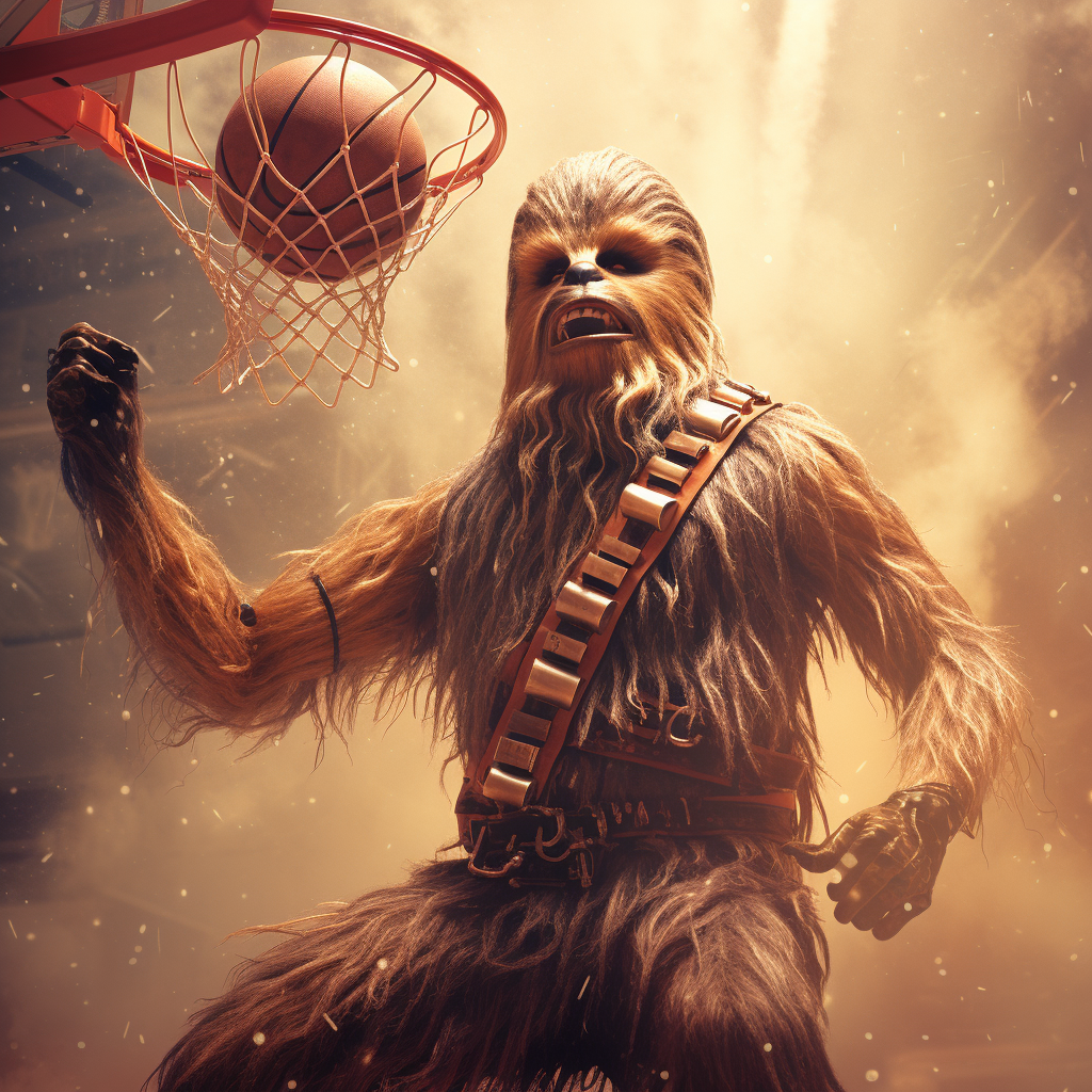 Chewbacca dunking on Michael Jordan in action