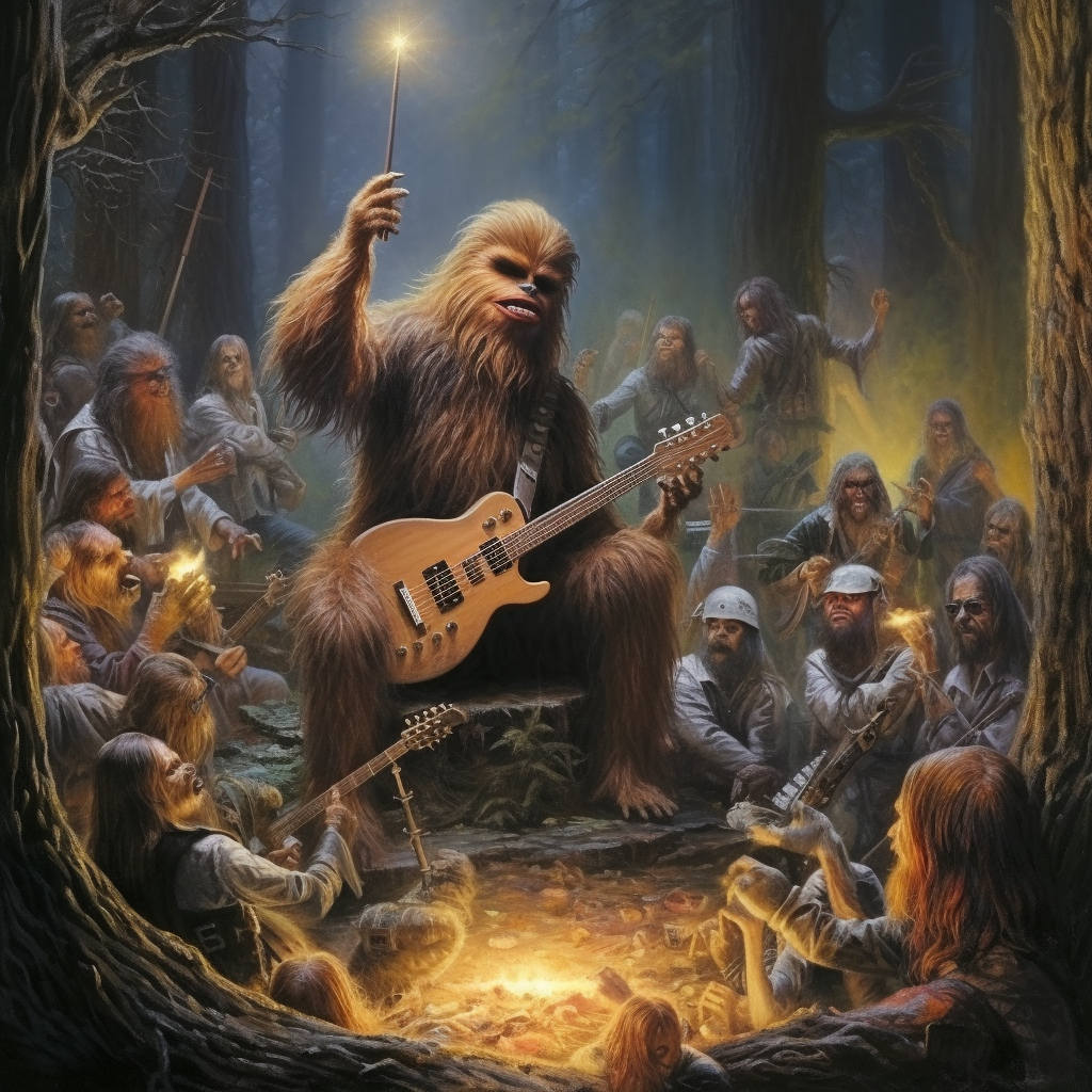 Chewbacca performing rock concert with ewok audience