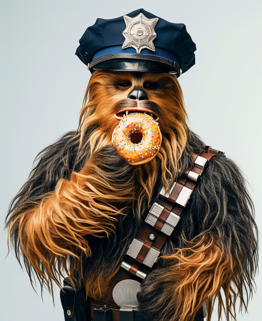 Chewbacca eating donut in police uniform