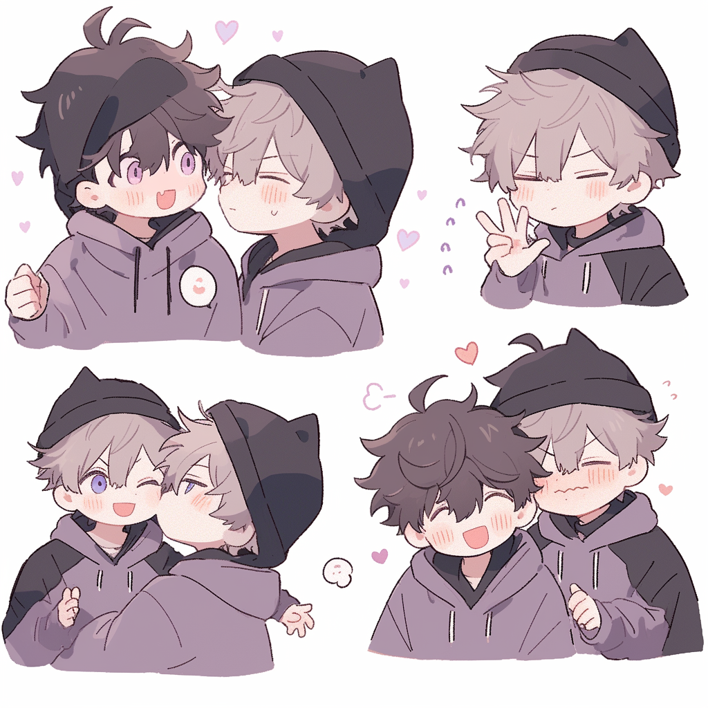 Chibi boys kissing cheek in hoodies