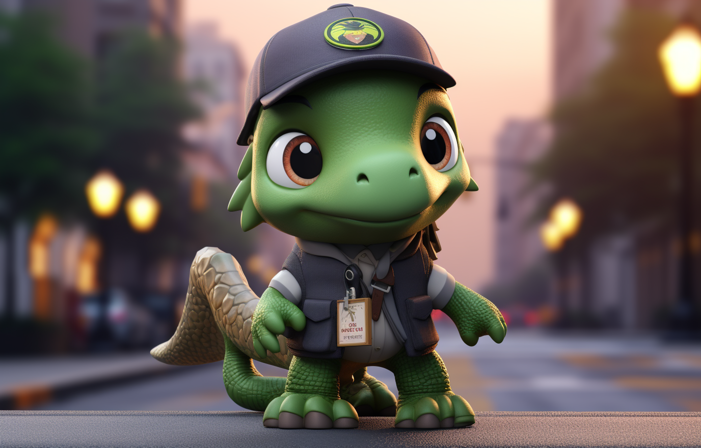 Cute chibi dinosaur dressed as a delivery man