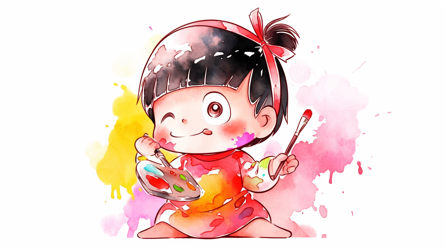 Chibi Maruko-chan in Anime Watercolor Style