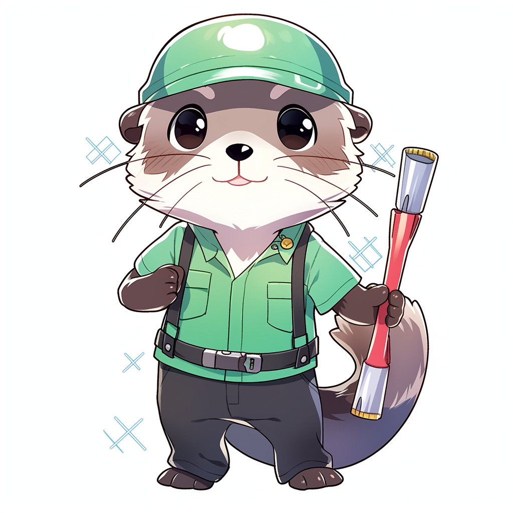 Chibi otter handyman with grey fur and green eyes