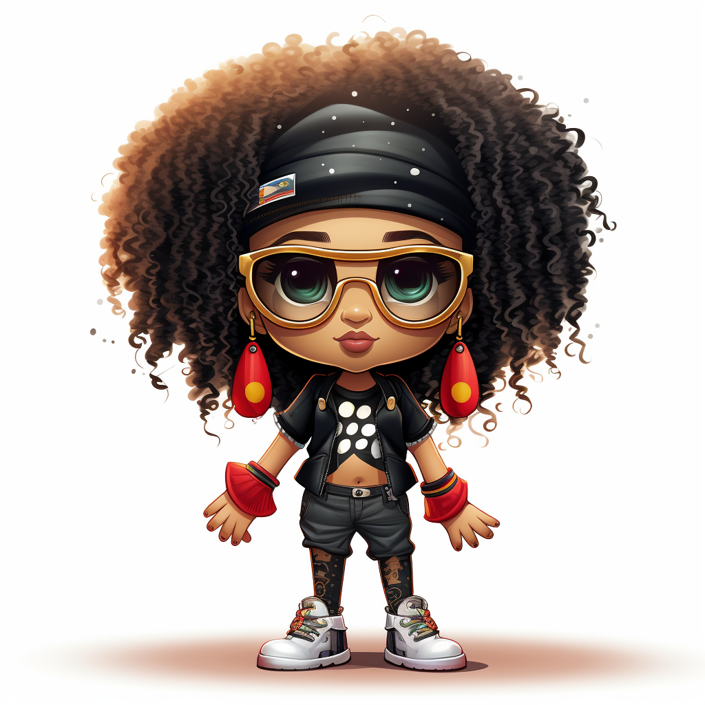 Full body caricature of chibi Afro girl in hip hop fashion