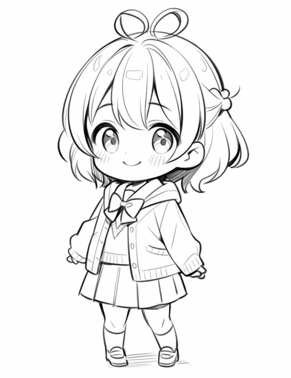 Chibi schoolgirl in pleated skirt and cardigan