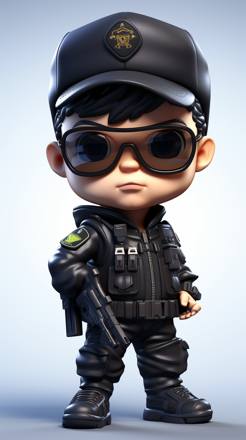 Chibi soldier boy in police uniform with military backpack