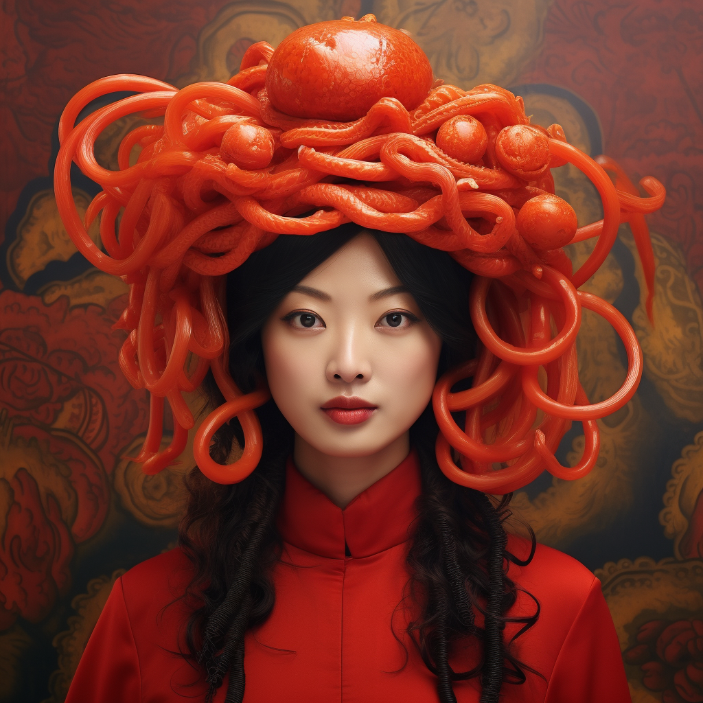 Beautiful Eurasian woman wearing noodle hat and sriracha blouse