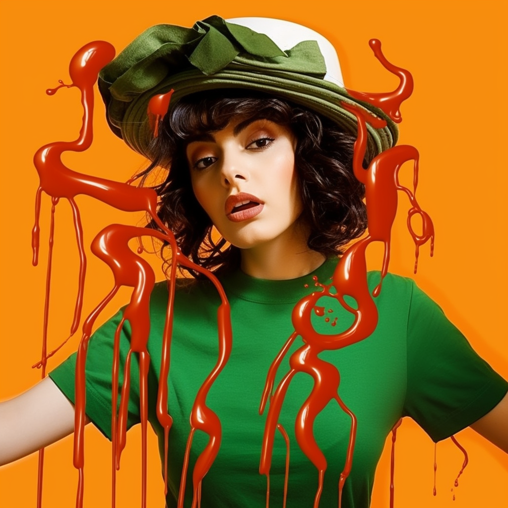 Chic Italian woman with noodle hat and sriracha splash