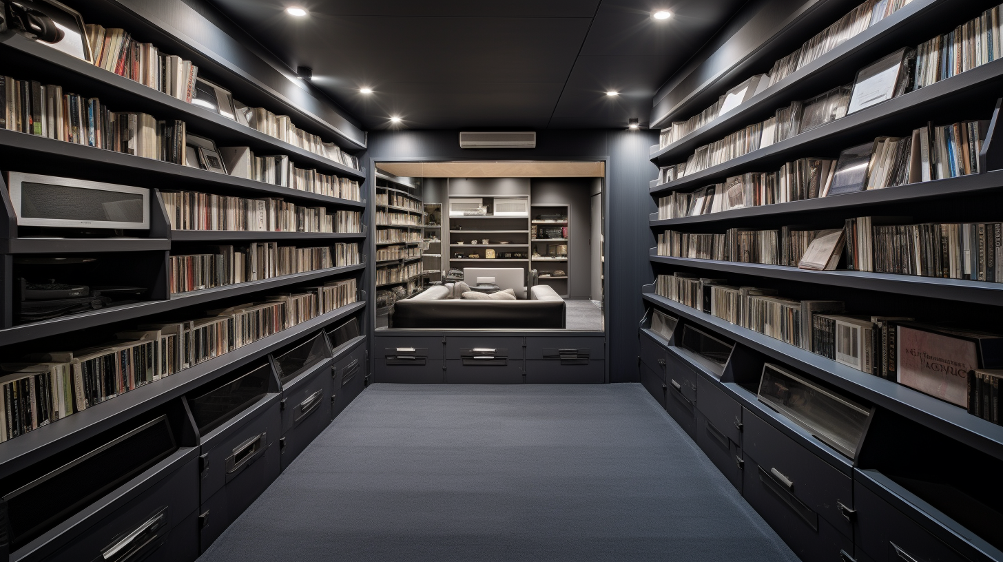 Neatly organized library in a stylish storage room