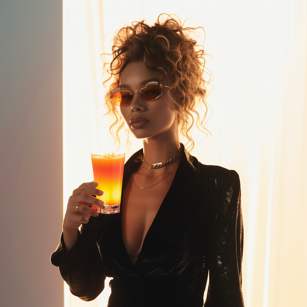 Stylish woman holding Tequila Sunrise shot