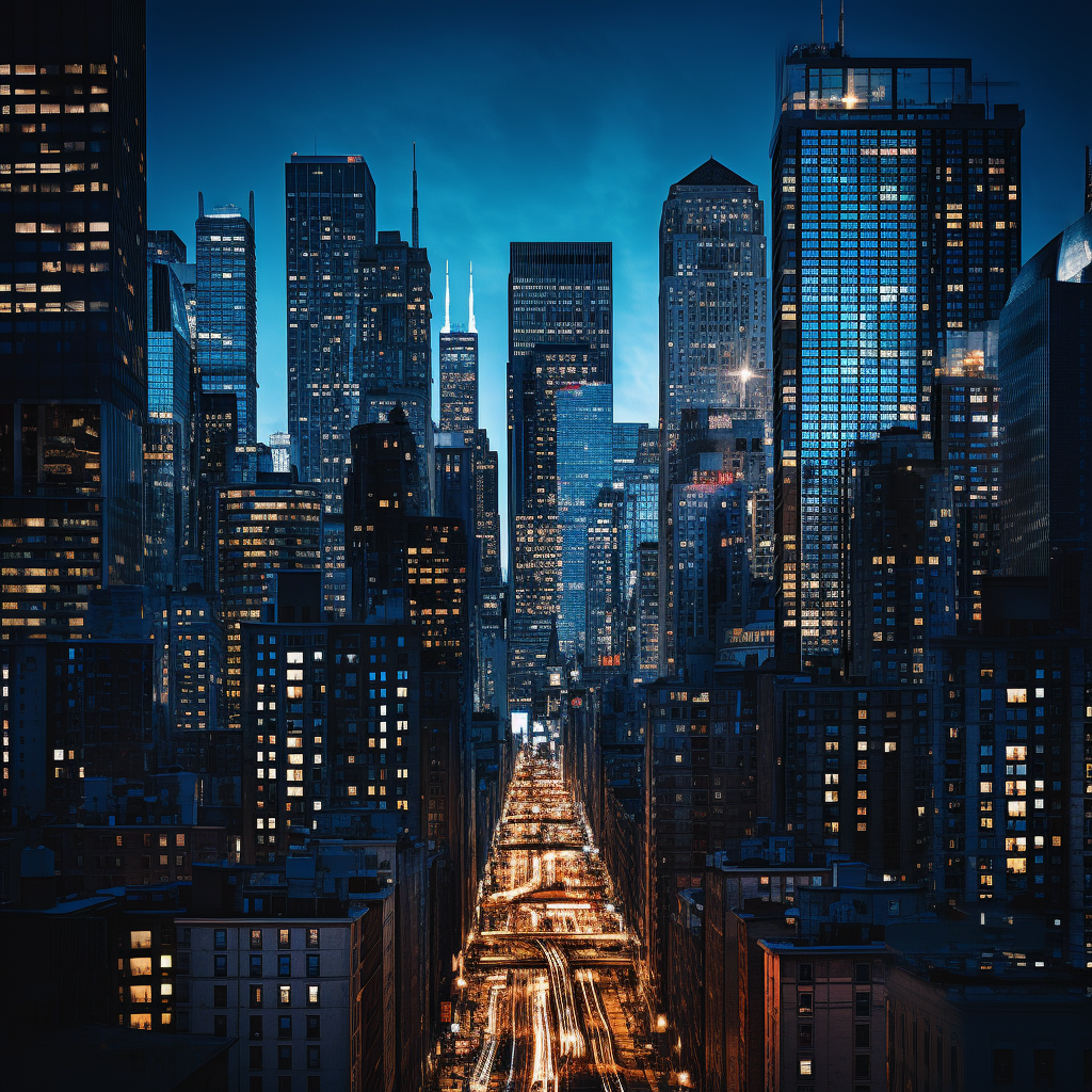 Chicago buildings shining with blue lights