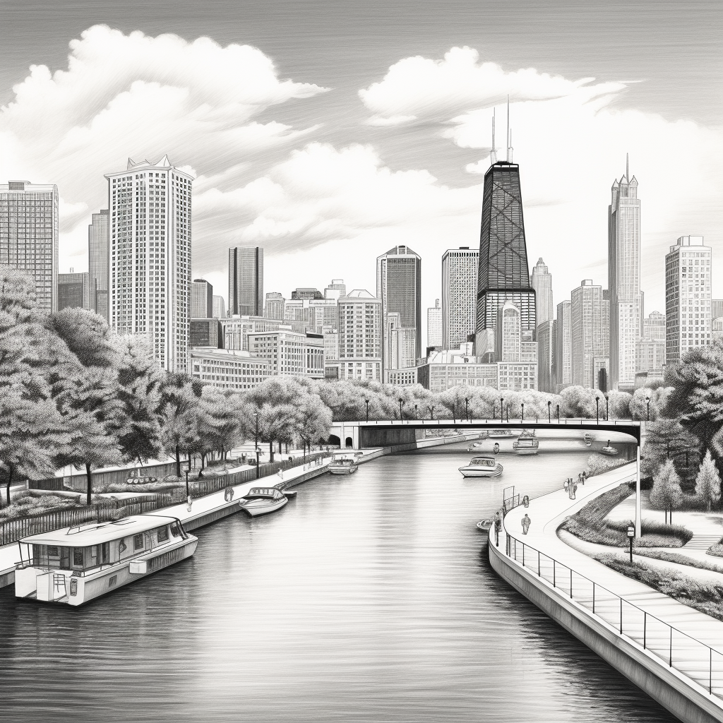 Detailed pencil sketch of Chicago skyline with navy pier