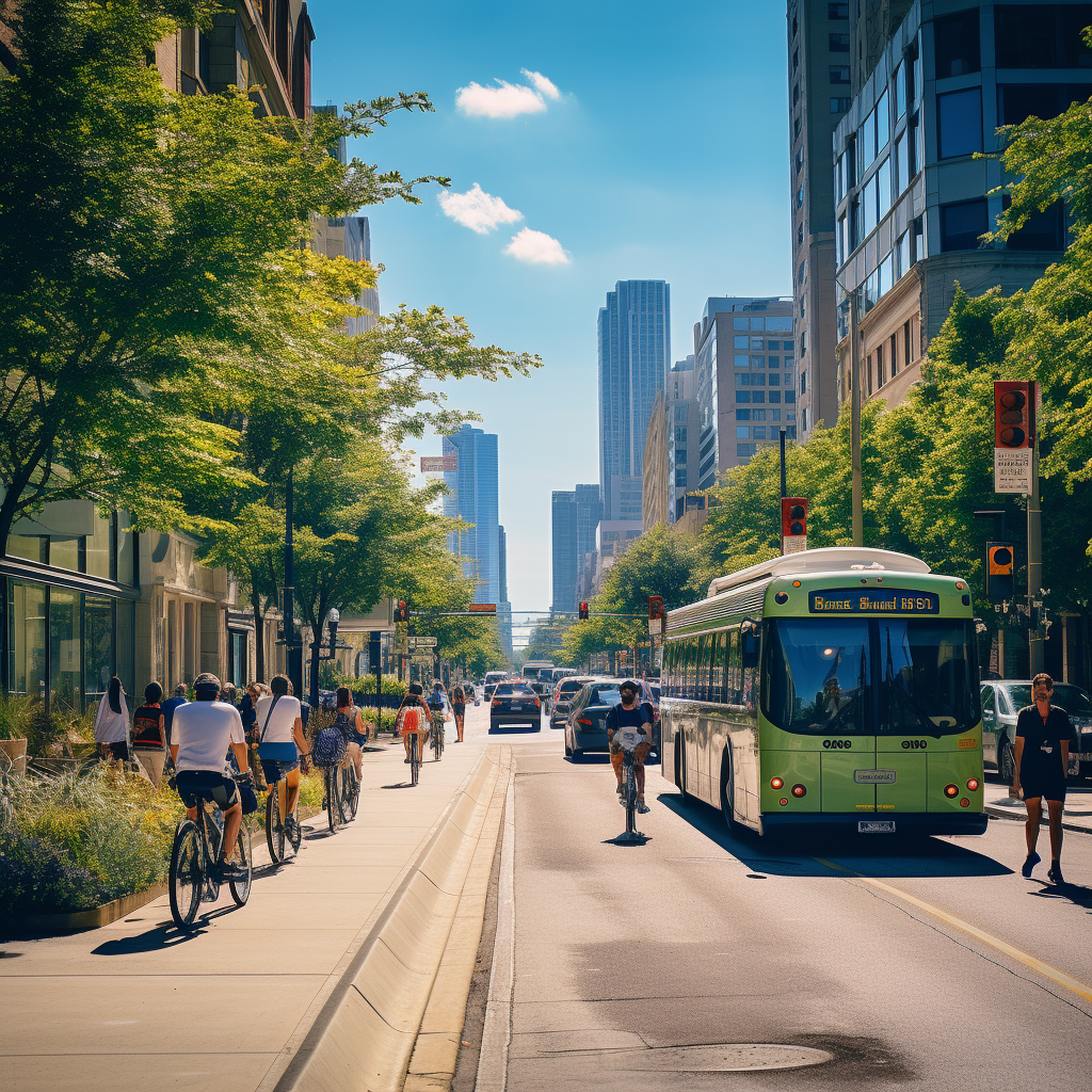 A bustling street in Chicago with public transportation, bikes, and scooters