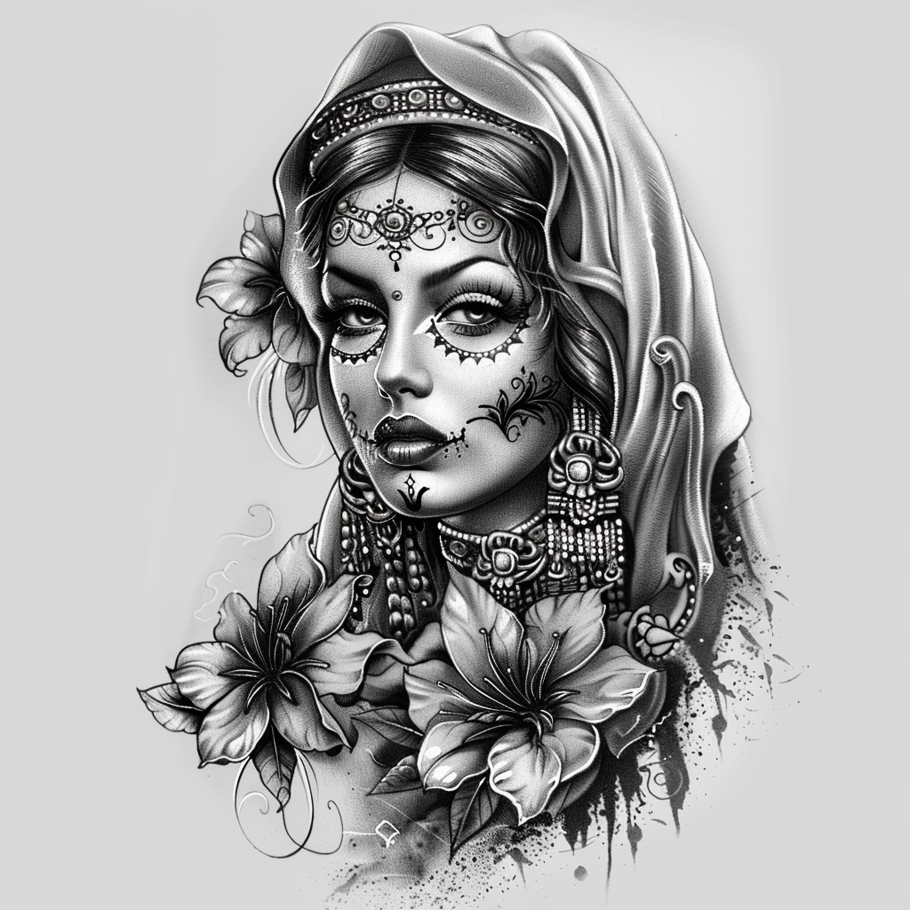 Chicano woman tattoo design black grey