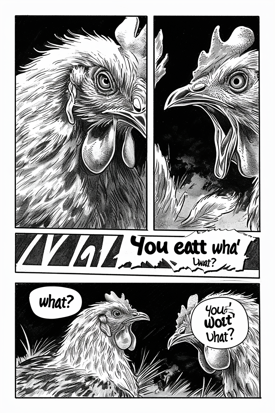 Chicken asking,  You eat what?