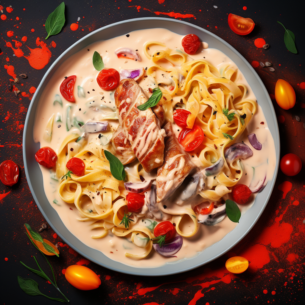 Top view of Chicken Cream Pasta with vivid colors