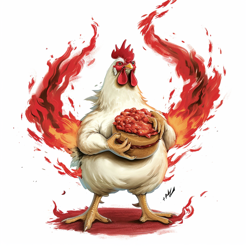 Illustration of chicken holding meat bun with red flame