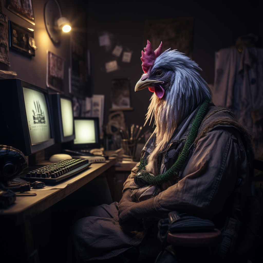 Chicken nerd working on computer.