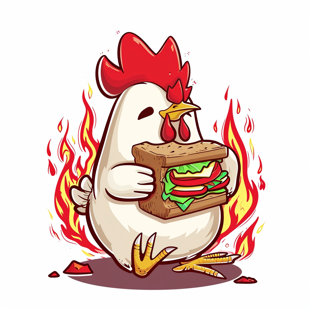 Cute chicken holding a sandwich