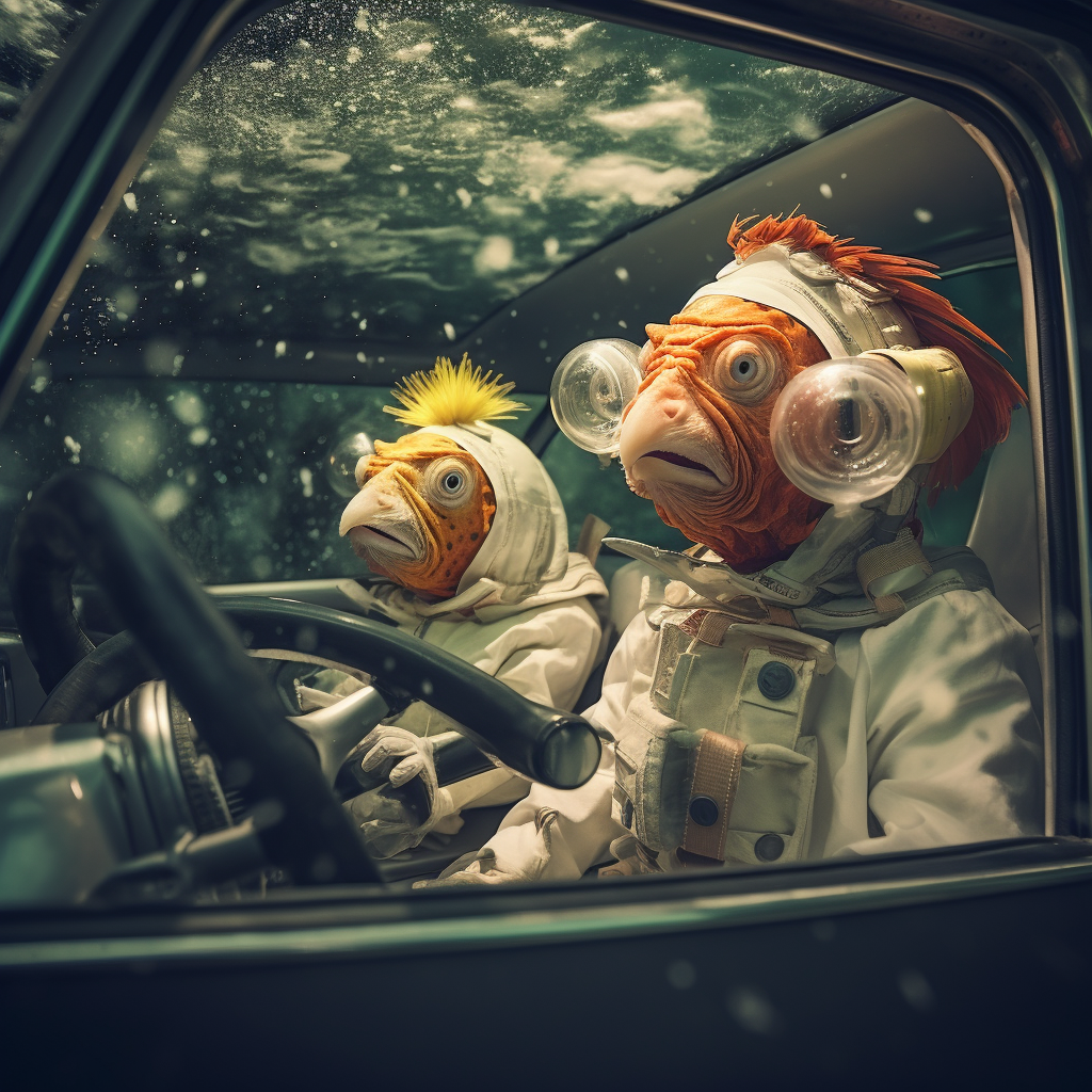 Chickens driving car underwater with space helmets