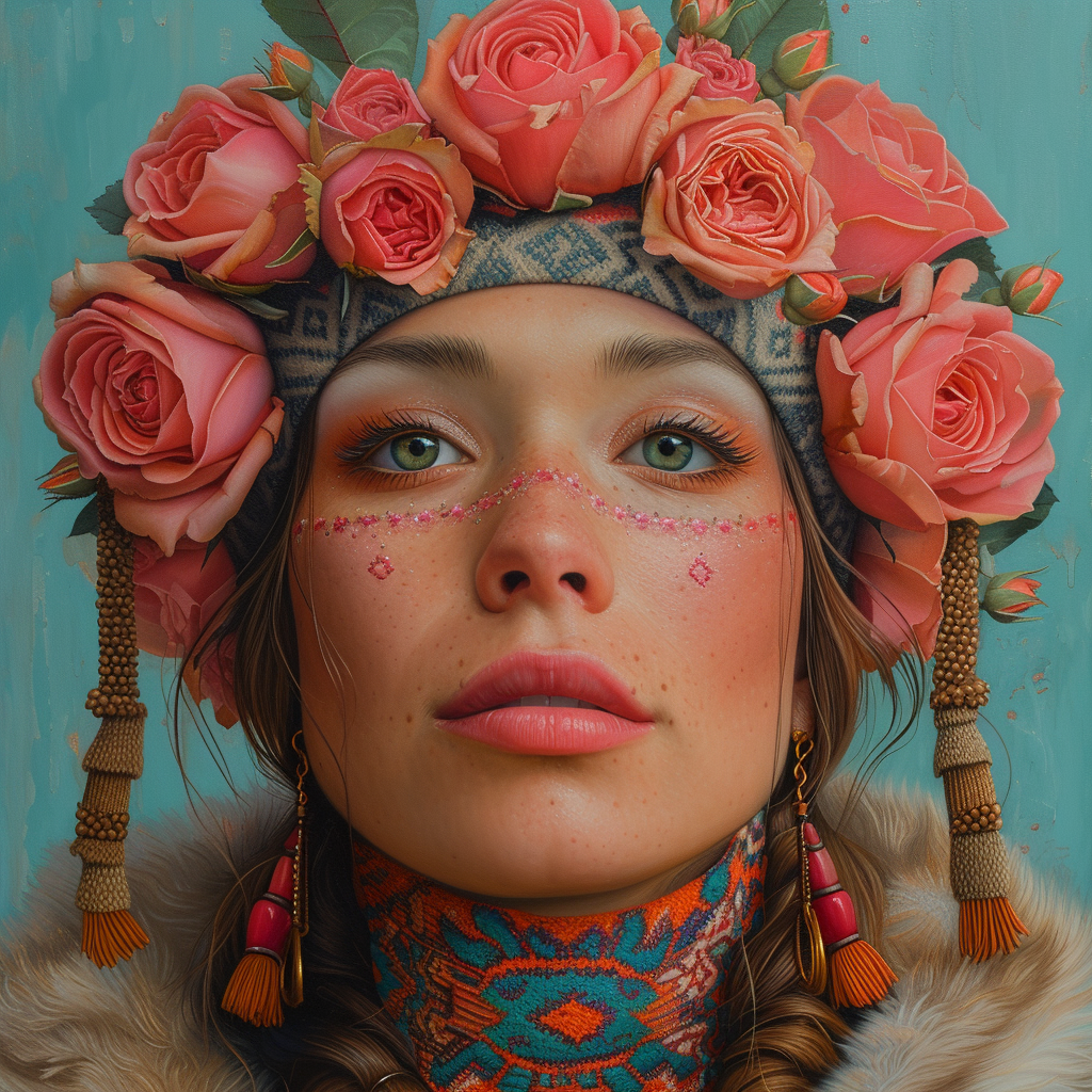 Oil painting of chief medicine woman with pink roses on teal background