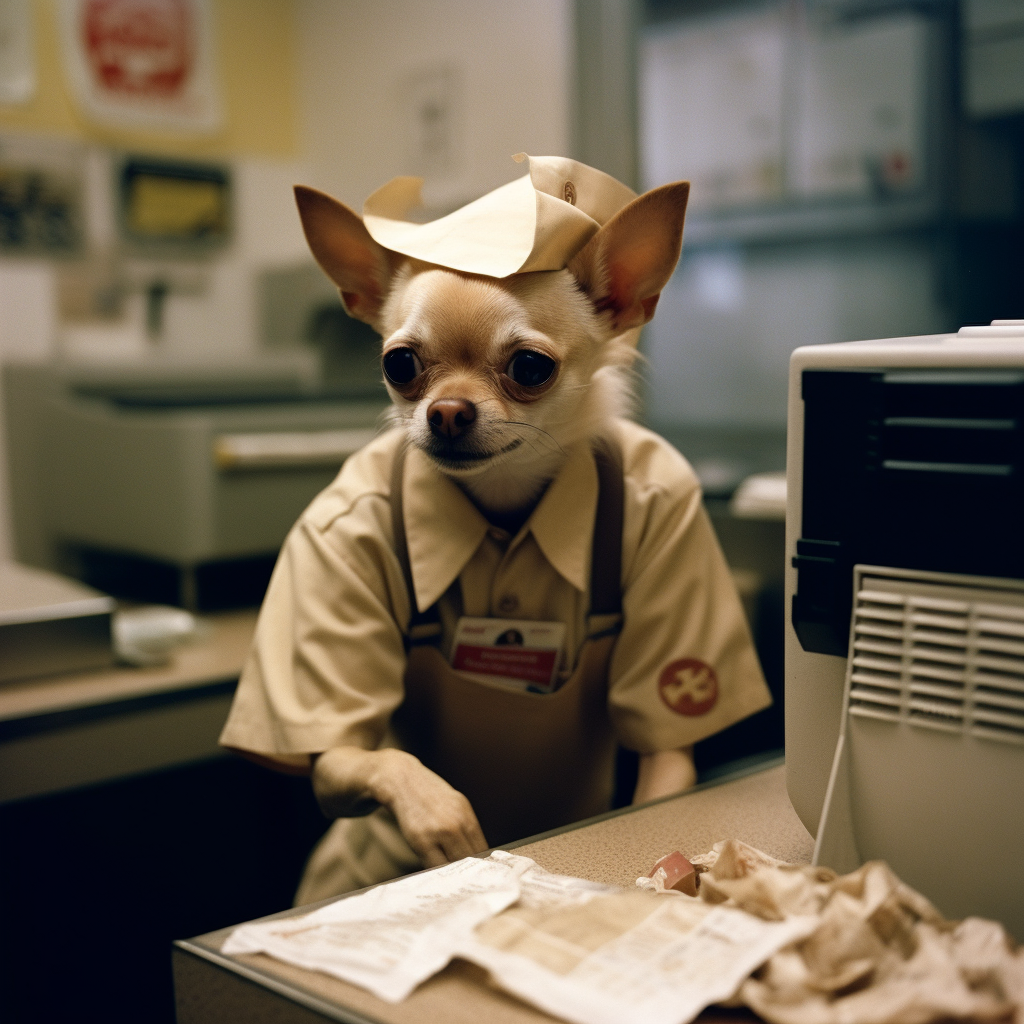 Cute chihuahua working at McDonald's