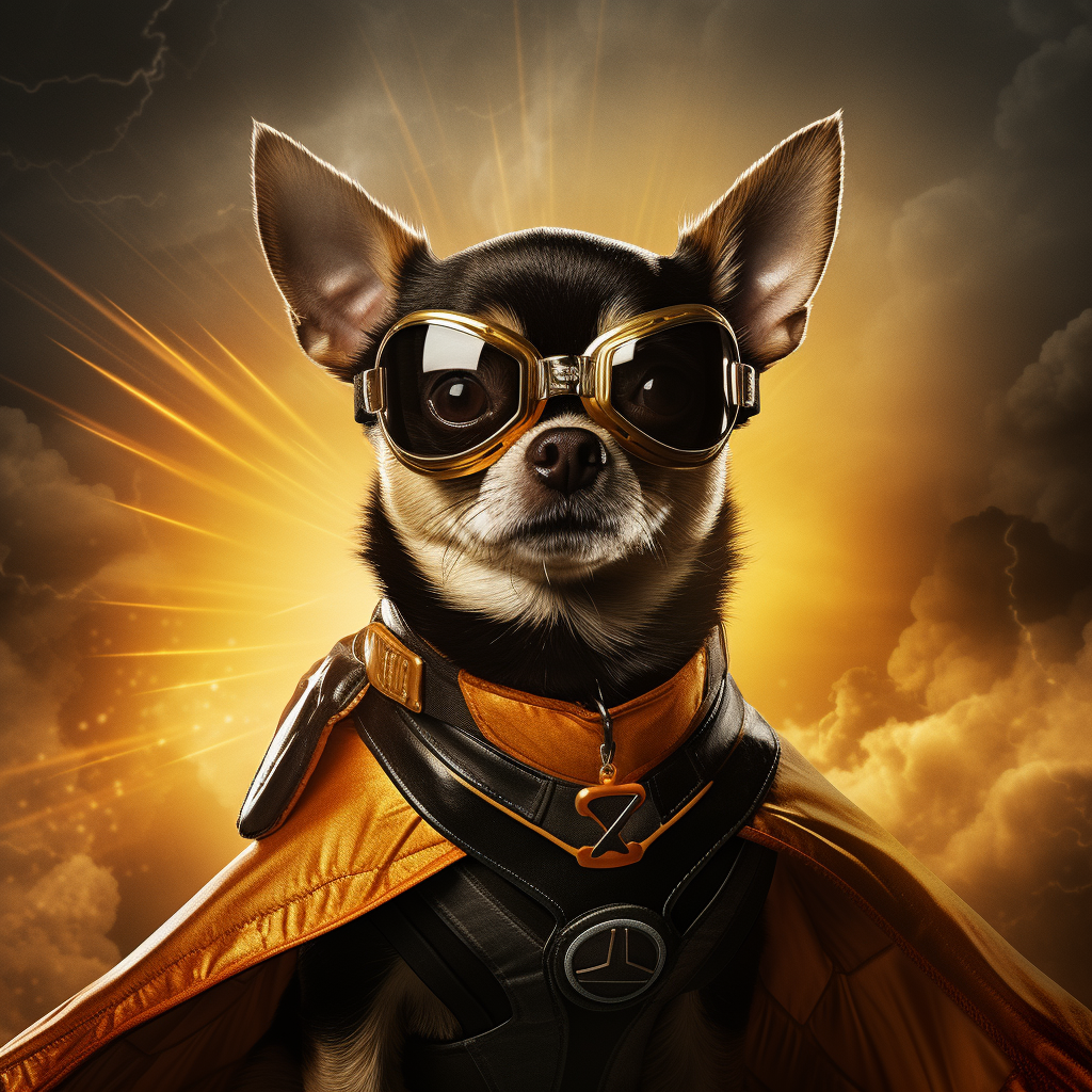 Chihuahua superhero wearing black and orange costume