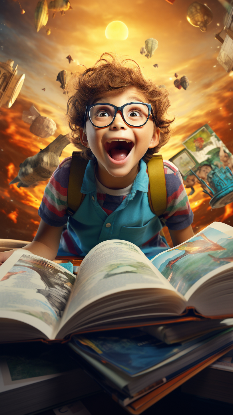 Child with Adventure Glasses and Books