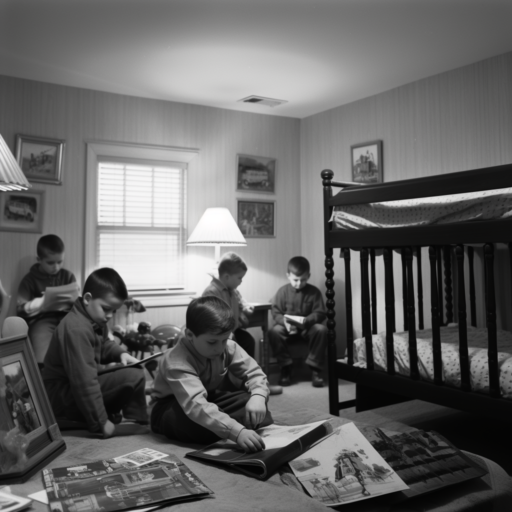 Men in suits having meeting in child's bedroom