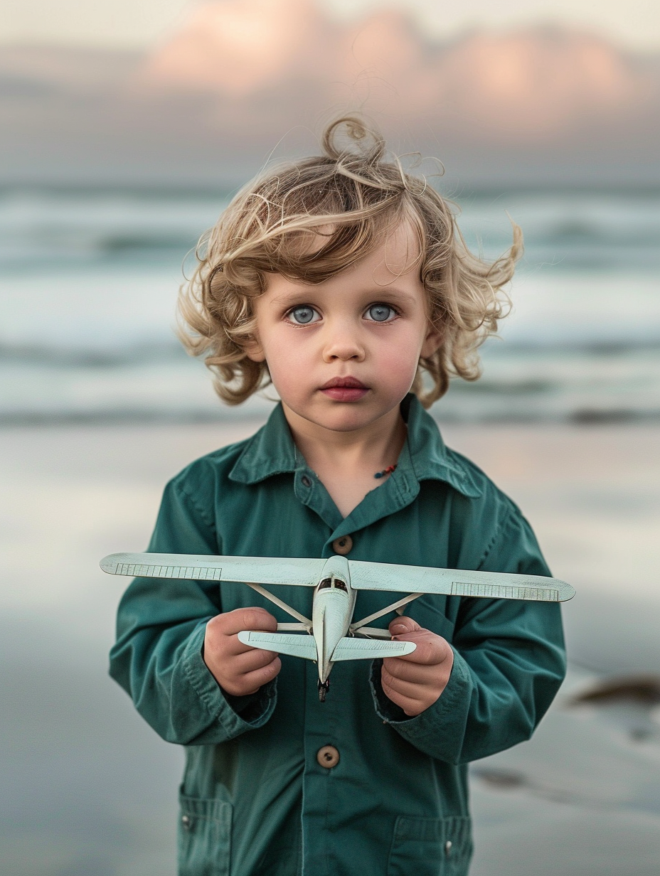 Child Boy with Model Airplane on Beach