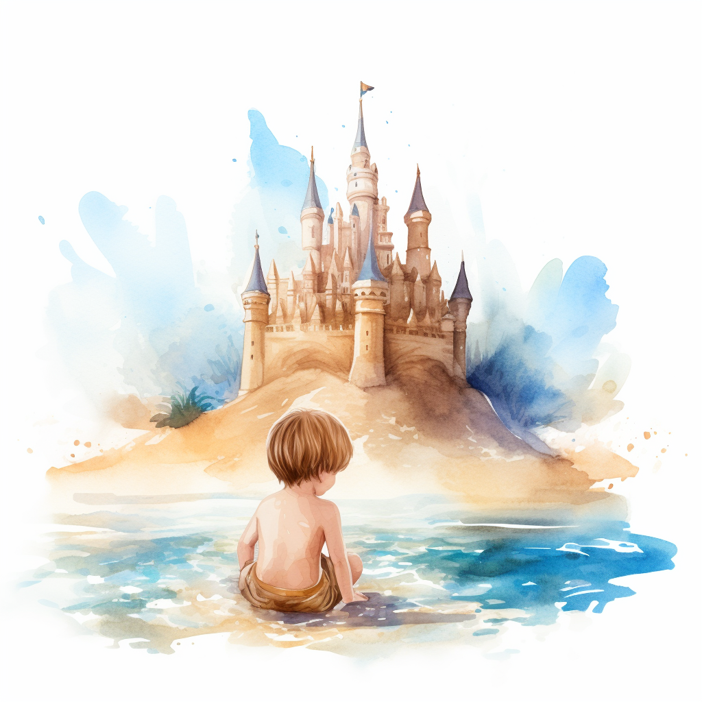 Child building sand castle watercolor logo