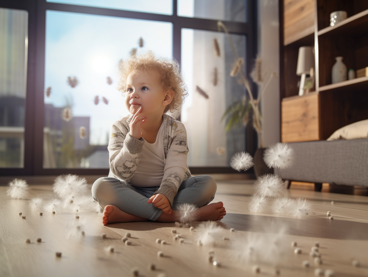 Child sitting on clean carpet in modern living room