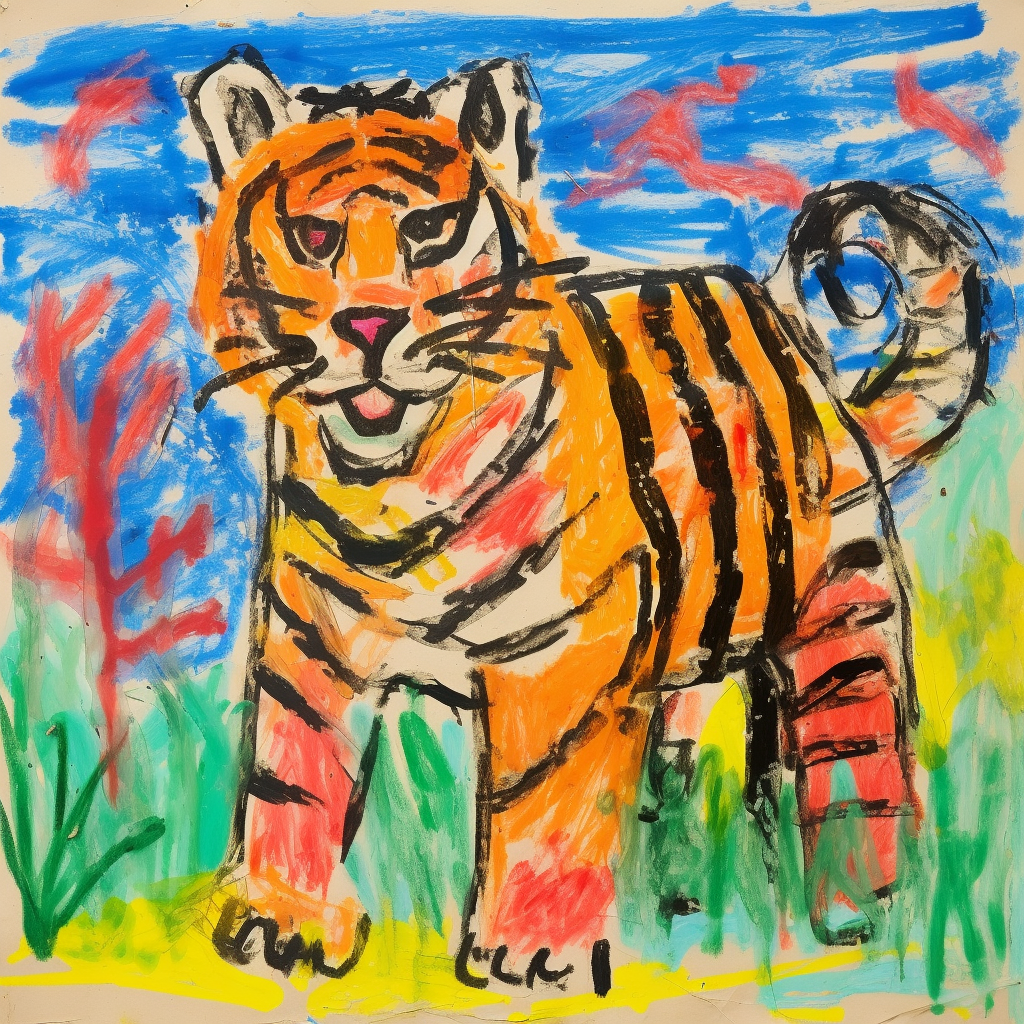 Child's Colorful Tiger Drawing