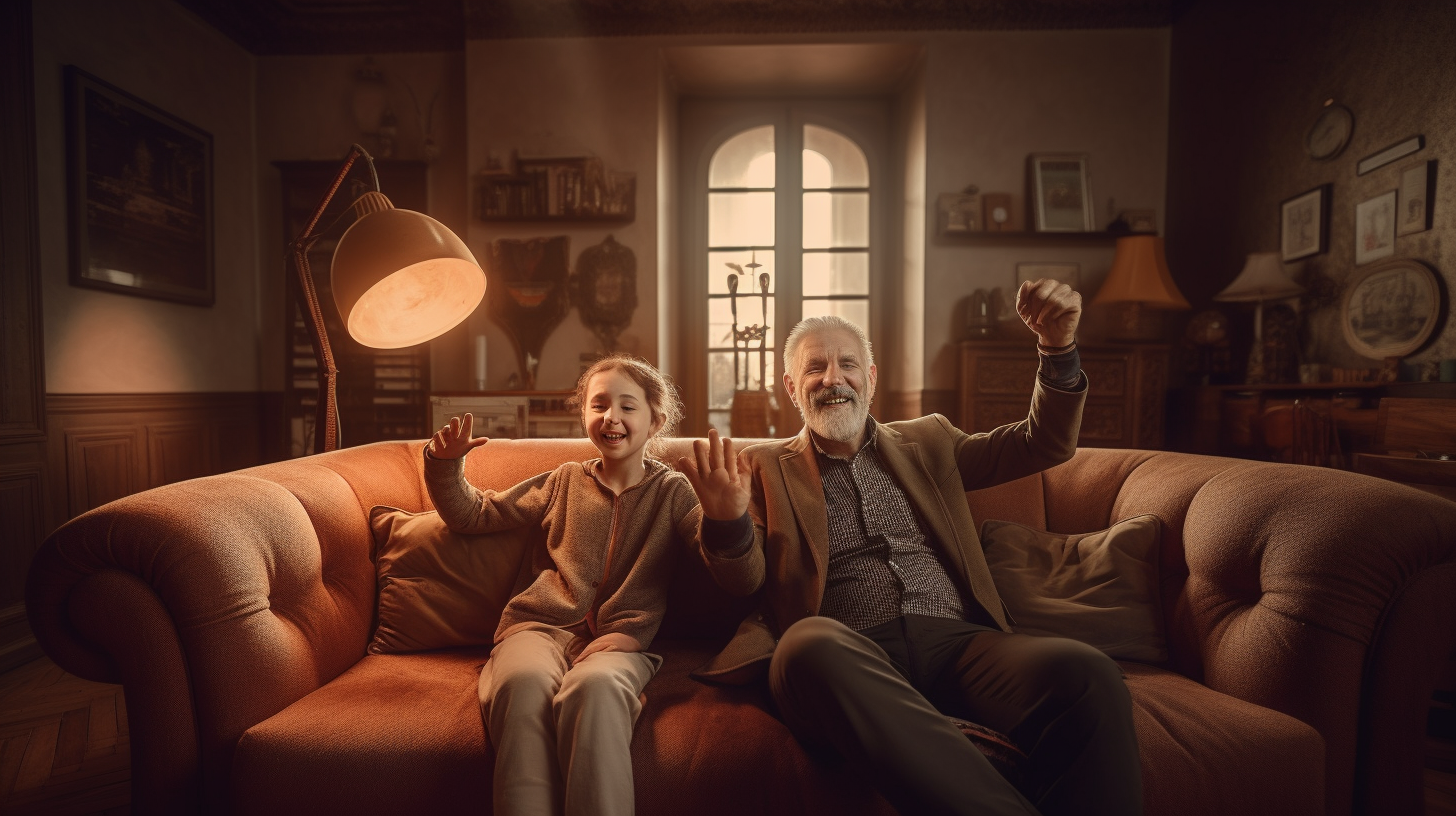 Smiling child and dad on sofa