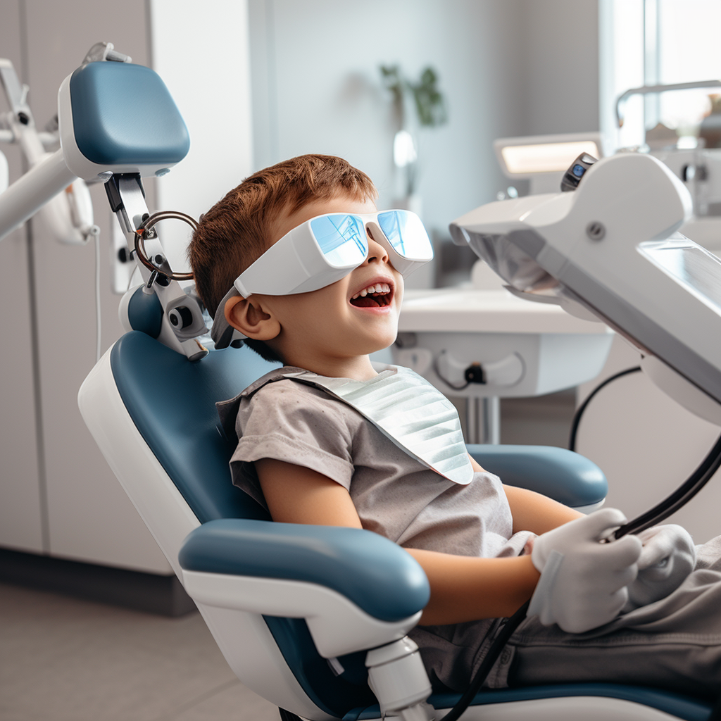 Child in dentist chair receiving dental treatment