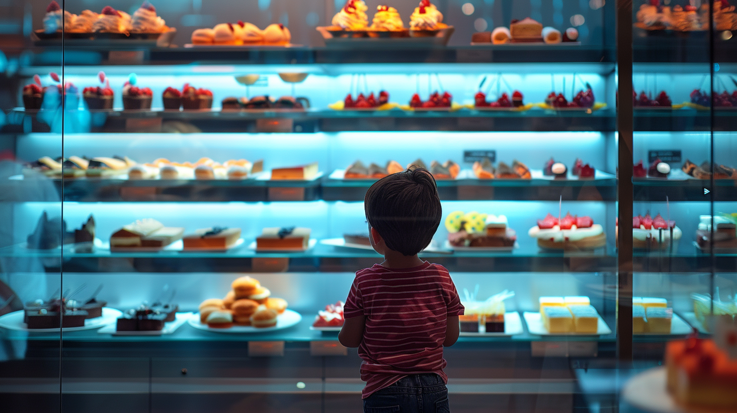 Child choosing dessert at showcase