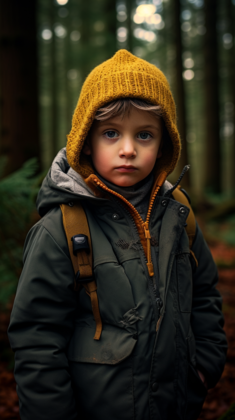 Child in Forest with Abandoned House