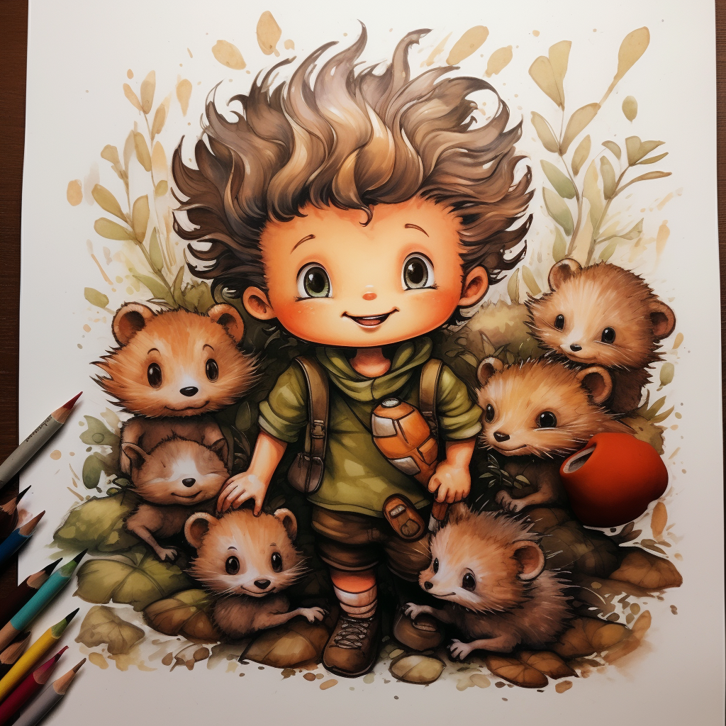 Child surrounded by hedgehogs and teddy bear