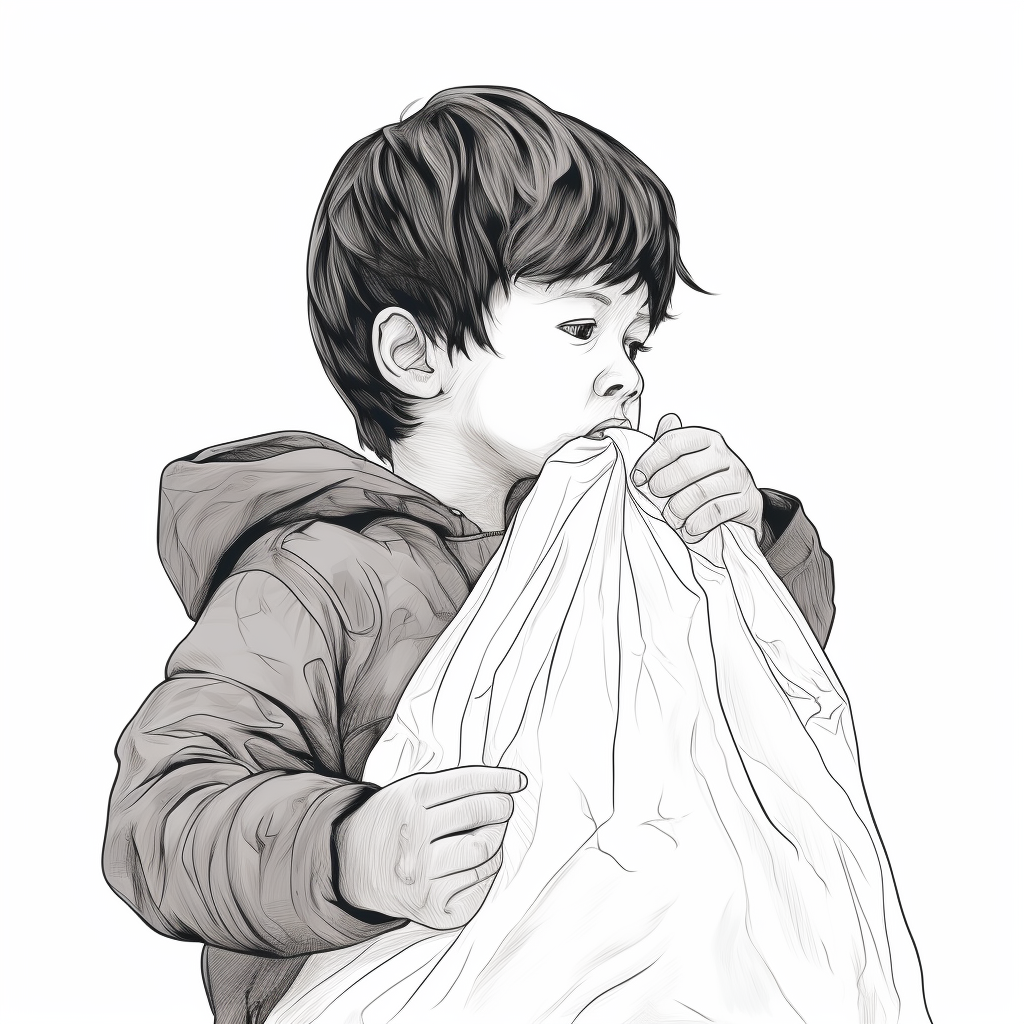 Child holding plastic black bag with line drawing