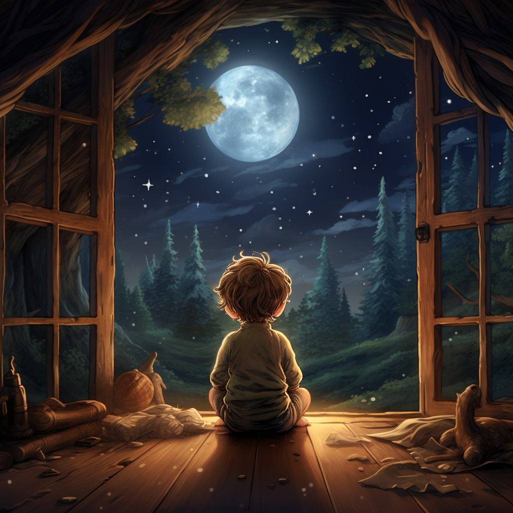 Child in hut looking at night forest with moon