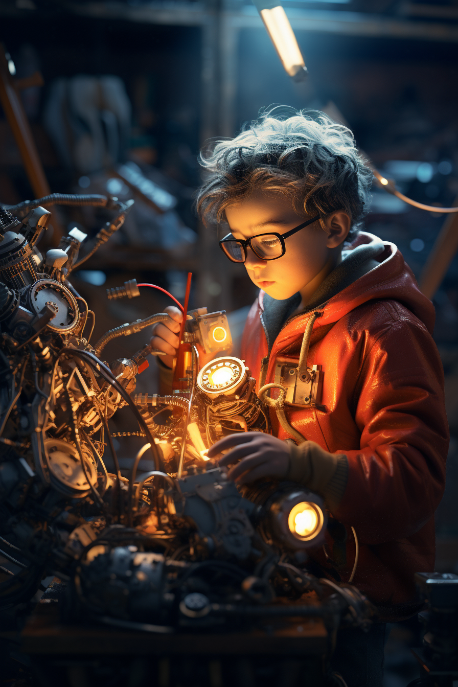 Child mechanical engineer working on futuristic mech