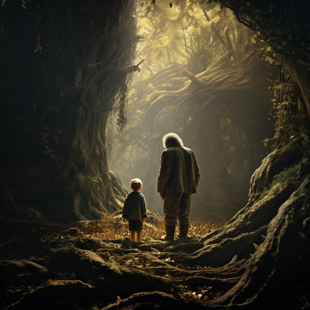 Child meeting old man in forest